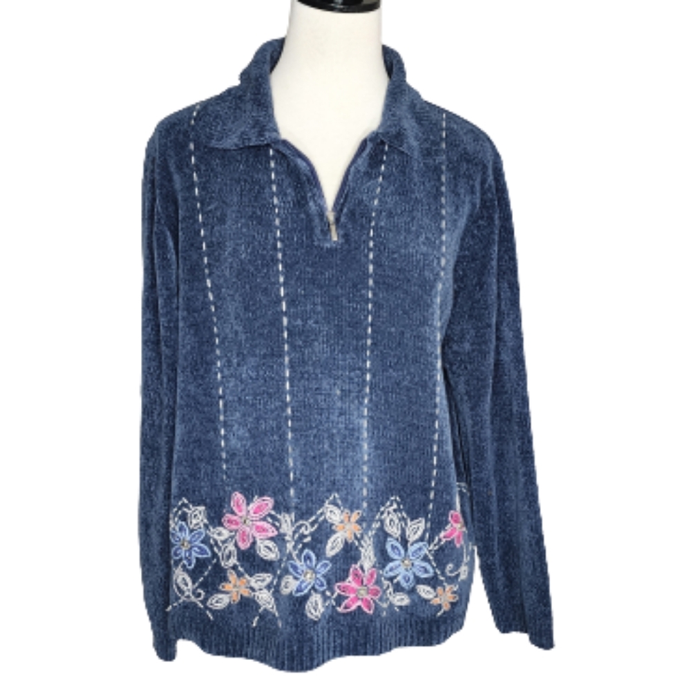 Alfred Dunner blue chenille sweater with embroidered flowers women's size XL